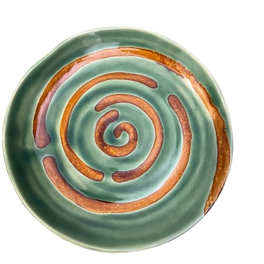 Vintage Pottery Style Eyes by BAUM BROS 5"Green Brown SWIRLS Platter